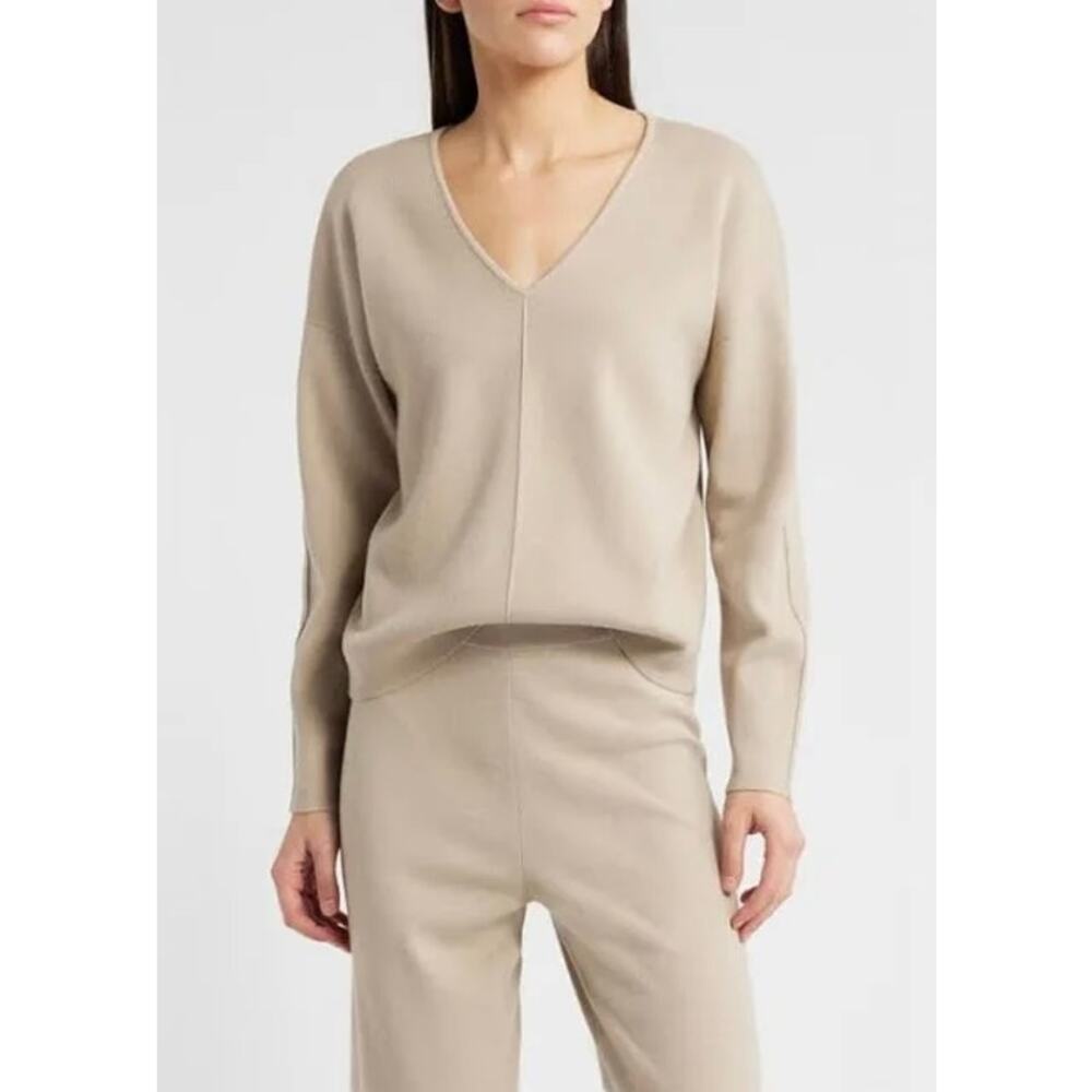 Rails Hollyn Tan V-Neck Sweater Heather Oatmeal L NEW Minimalist Softgirl Scandi - Picture 2 of 9